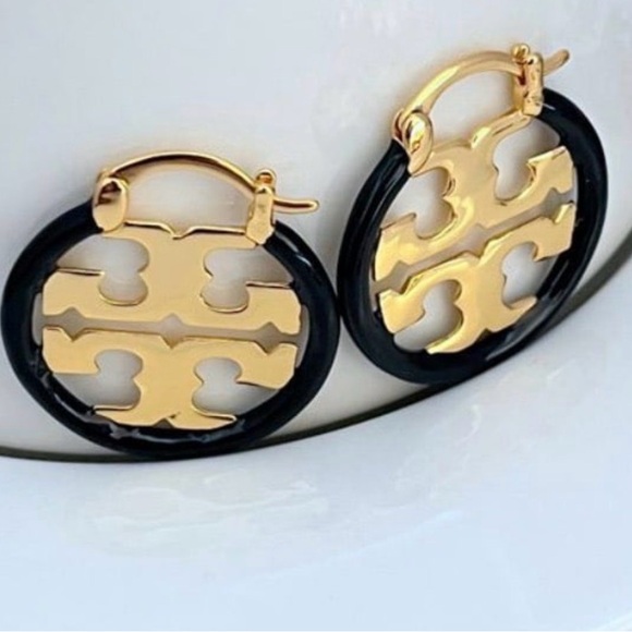 Tory Burch Black and Gold Hoop Earrings - Picture 3 of 3